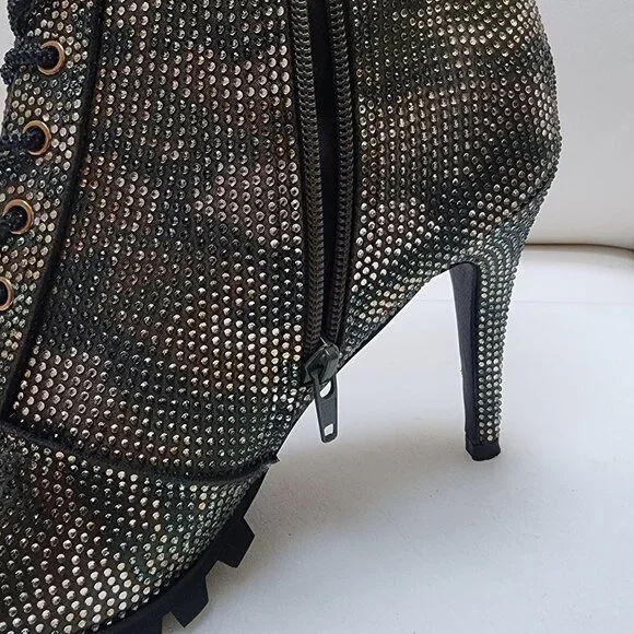 GLAM CAMO Crystal Studded Lug Sole Combat Stiletto Heel Boots - Size 10 LIKE NEW - Picture 6 of 10